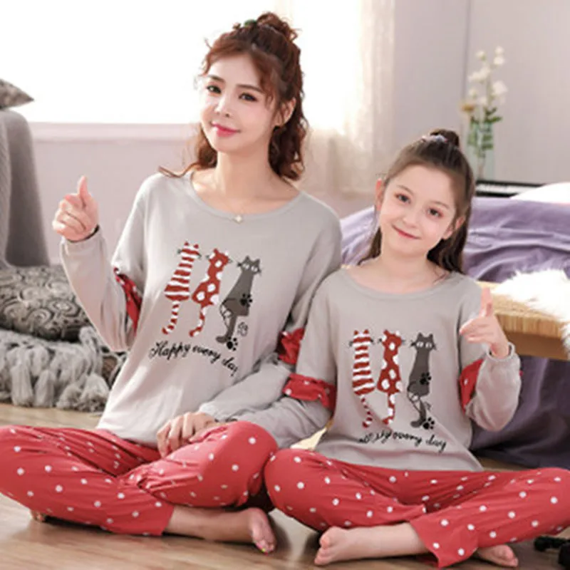 Семейные пижамные комплекты; милая осенняя одежда с длинными рукавами для мамы и дочки; одежда для сна для взрослых; Детские повседневные пижамные комплекты - Цвет: Серый