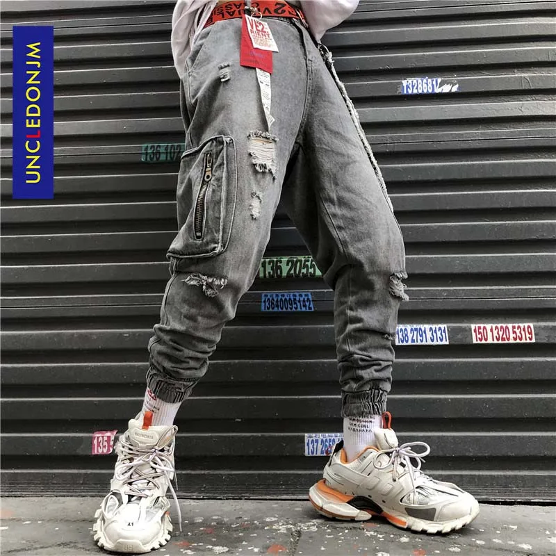 

Ripped jeans for men Cargo Pants Men Color Patchwork Casual Jogger Fashion Tactical Trousers Tide Harajuku Streetwear V2-1933