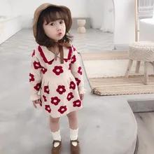 Свитер на осень и зиму, платье с цветочным рисунком, детское платье-свитер для маленьких девочек