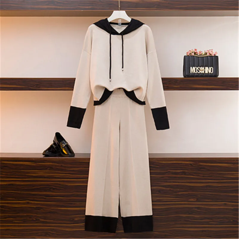 

Autumn 2020 New Casual sports Knitted Suit Women Fashion Loose Hoodies Sweater and Wide-leg Knitted Pants Tracksuit 2 Piece Set