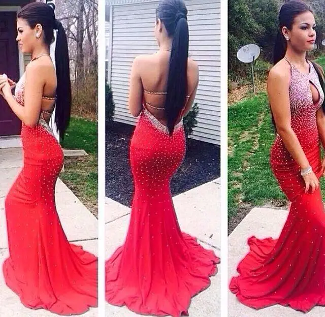 

Mermaid Prom 2018 Long Halter Beaded Backless vestido de festa Formal Evening Gown Party Pageant mother of the bride dresses