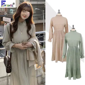 

2020 Spring Beauty Dresses Long Korea Women Flare Sleeve Slim Waist A Line Temperamnet Turtleneck Pleated Dress Vintage 12916
