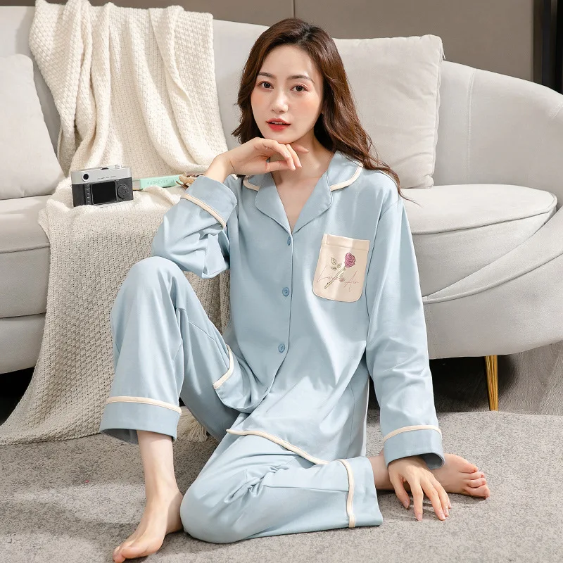 

Print Pocket Women 2PCS Cotton Stripe Pajamas Sets Sexy Cardigan Pyjamas Suit Loungewear Sleepwear Nightwear Spring Home Clothes