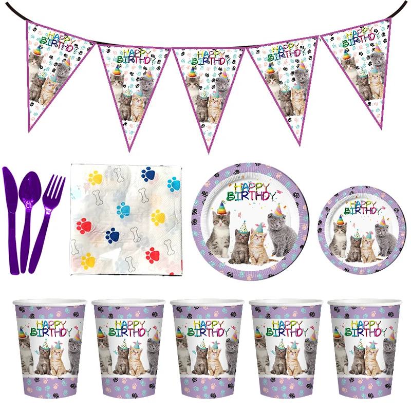 

Pet Cat Disposable Tableware Paper Plates Cups Napkins Birthday Party Baby Shower Cats Theme Pet Party Decor Supplies