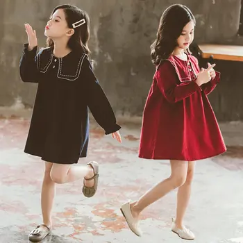 

Girl Clothing Spring 2020 New Arrival Korean Little Girl With Peter Pan Collar Embroidery Kids Black Ruffles Fit Flare Dress