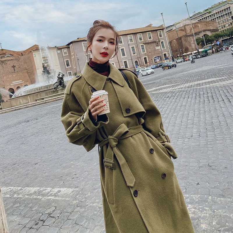 

Photo Shoot Army Green Woolen Jacket Women's Autumn & Winter Mid-length Korean-style 2019 New Style Woolen Cloth Hepburn Overcoa