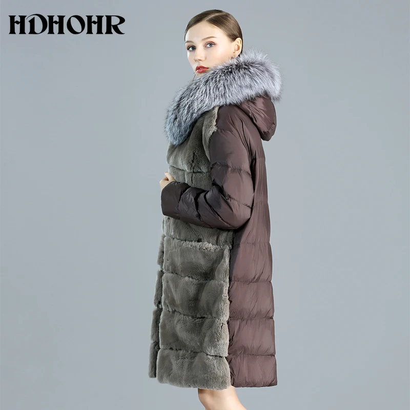 HDHOHR Высокое качество пальто из меха кролика рекса Для женщин куртка с большим капюшоном длинный теплый натуральный мех кролика рекс меховая куртка женская