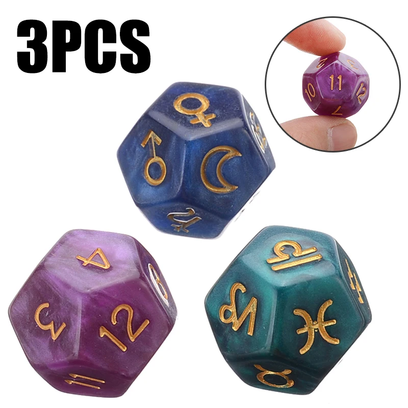 3pcs 2.5*2.5cm Pearl 12-sided Astrology Zodiac Signs Dice For Constellation Divination Toys For Astrologers Magical Tools