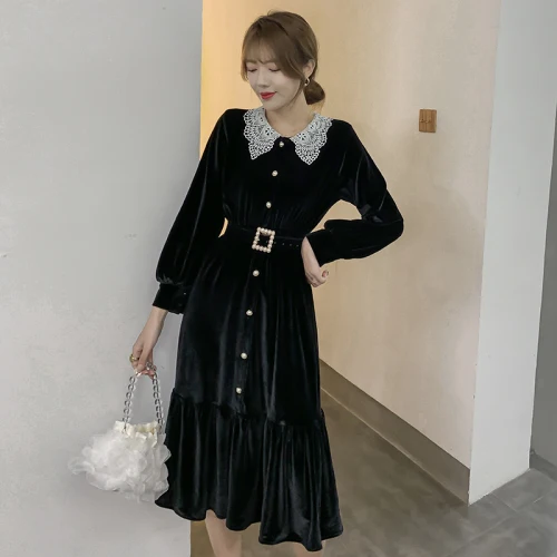 2022 Autumn Vintage Black Velvet Long 