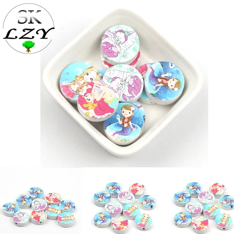 

20PCS Mermaid Pattern Wooden Beads DIY Natural Round Beads Making Baby Pacifier Chain Toy Jewelry Accessories 20mm