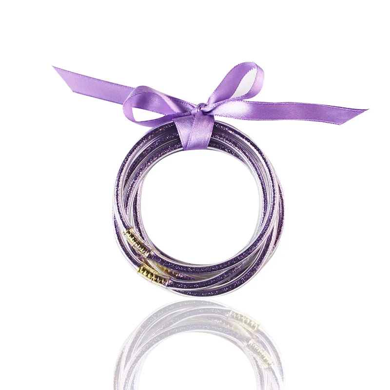 При любых погодных браслет блеск заполнены Stardust силиконовый круг Для женщин бантом прозрачная браслеты браслет Femme ювелирные изделия из жемчуга 5 шт./компл - Окраска металла: Фиолетовый