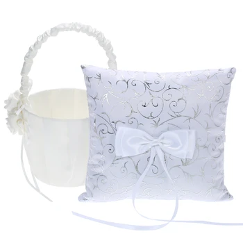 

New White Satin Wedding Basket for Flower Girls Flower Girl Basket & Ring Bearer Pillow Set 7 * 7 inches Wedding Decoration Supp