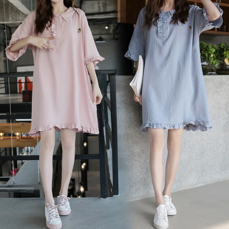 

2020 Summer Large Size Loose-Fit Fat Mm Cartoon Sophisticated Style Embroidered Medium-length Pleated Short Sleeve T-shirt Even