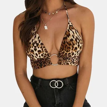 

2020 Party Club Luipaard Gedrukt Sexy Halter Crop Top Vrouwen Camis Backless Bandage Lace Up Pailletten Metalen Ring Tank Top bu