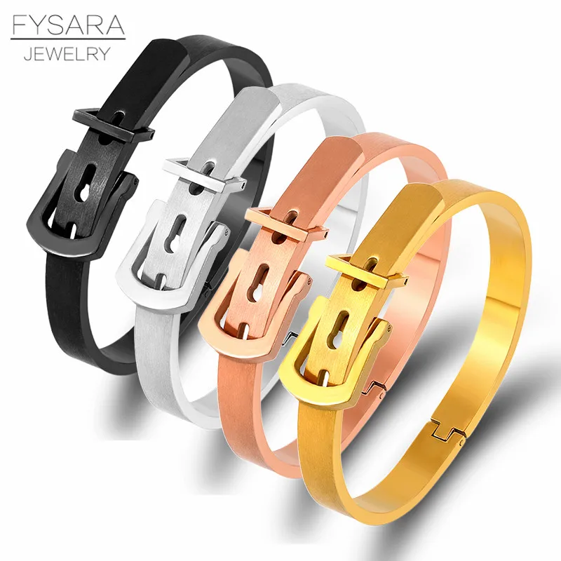 FYSARA Men Wrist Buckle Belt Bracelets Black Gold Color Titanium Steel