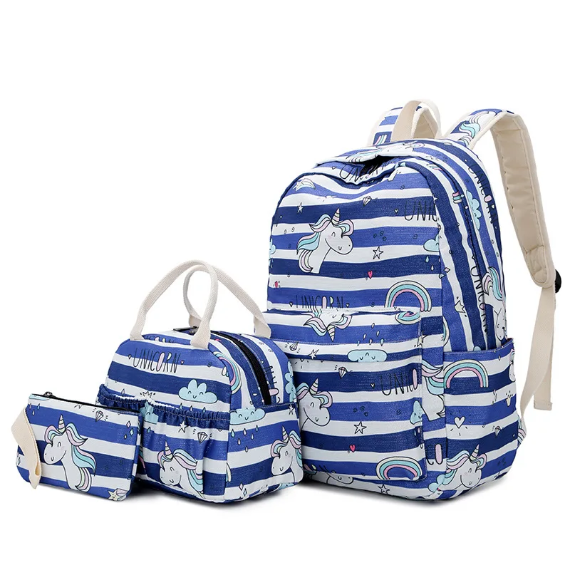 

wire double shoulder bag striped unicorn printing backpack female Korean version of student schoolbag three pieces