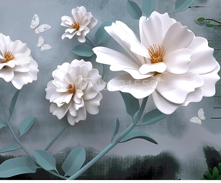 Custom Self adhesive Wallpaper Waterproof 3D White Floral Flower Petals Wall Murals Modern Living Room Bedroom Background Decor