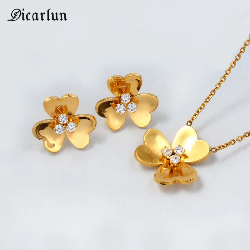 

DICARLUN Stainless Steel Clover Jewelry Set Flower Necklace Clover Pendant for Women Stud Earrings Gold Wedding Sets with Stone