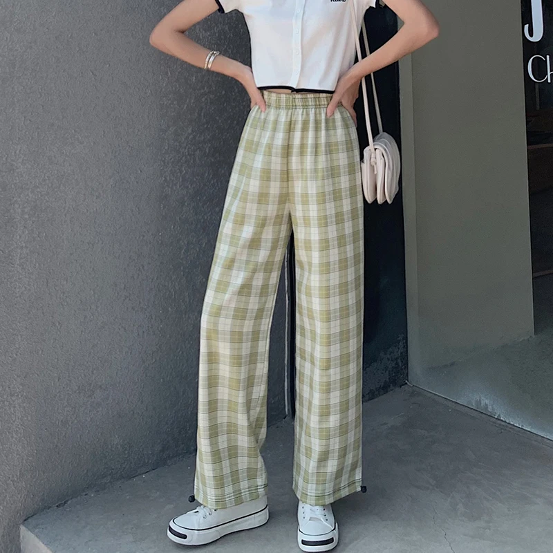 Calças de Cintura Larga para Mulheres em Linha Xadrez Elástica Leggings Harem Pants Mulheres Calças Casuais Perna Reta 10 Calças e capris