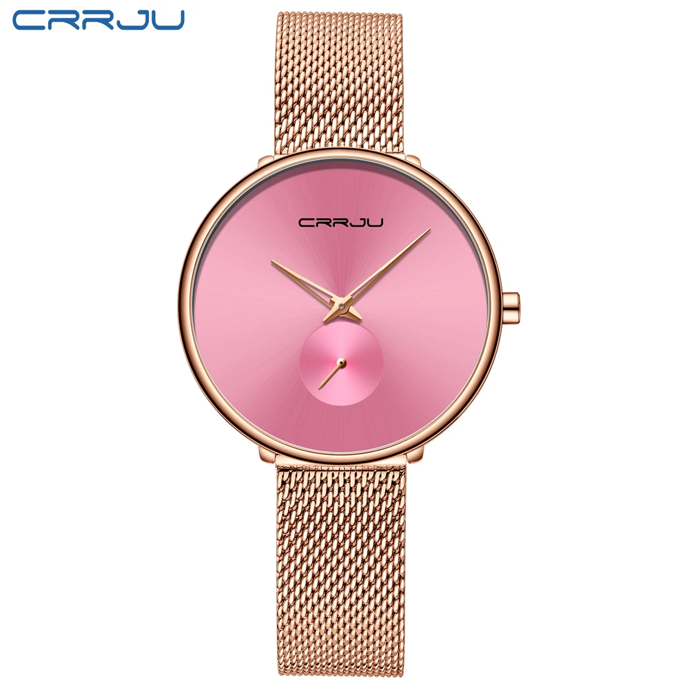 CRRJU, простые, повседневные, женские, кварцевые часы, под платье, женские, вечерние, тонкие, женские, наручные часы, водонепроницаемые, браслет, аналоговые, женские часы - Цвет: Rose Gold Pink