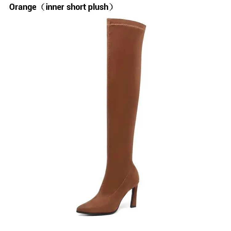 Orange(short plush) CDAXILAN, Новое поступление женские ботинки с леопардовым принтом, эластичная ткань Обувь на высоком каблуке Ботфорты сапоги до колен с эластичной резинкой изящная обувь до бедра; сапоги на осень-зиму - Цвет: Orange(short plush)