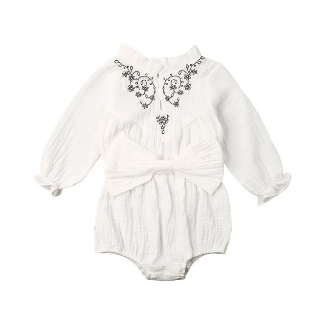 White Imcute комбинезоны с длинными рукавами для новорожденных девочек; комбинезон с бантом; костюм для подвижных игр; сезон весна-осень; костюмы для маленьких девочек - Color: White