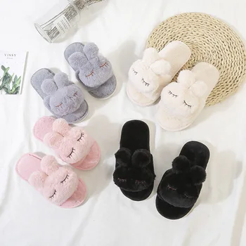 

Fluffy Slippers Real Fur Slides Indoor Flip Flops Casual Shoes Raccoon Fur Sandals Vogue Plush Shoes Rabbit cartoon