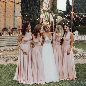 

Blush Pink Bridesmaid Dresses Flowing Girl Gowns Halter Long Party Guest Wedding Party Gown Crisscross Waist Prom Gown Evening