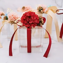 Cajas de dulces de PVC transparentes, caja de regalos y obsequios de boda, con cinta cuadrada de flores, embalaje romántico, bolsa de regalo para fiesta, 50 unids/lote