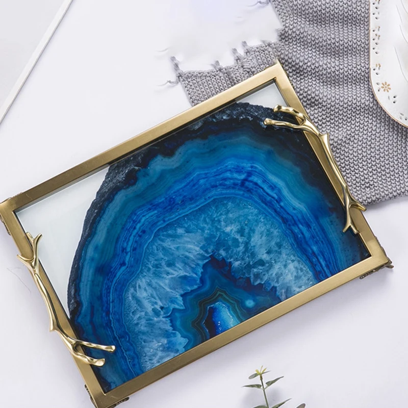 Европейский синий камень агат узор прямоугольный поднос украшения дома гостиной журнальный столик хранения декоративные украшения для кровати