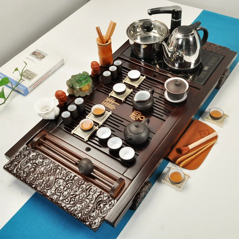 

Qi Xuan Source Household Tea Set Xiangyun Tea Tray Cooker Special Offer Four-in-One Drainage Solid Wood Tea Tray Tea Sets