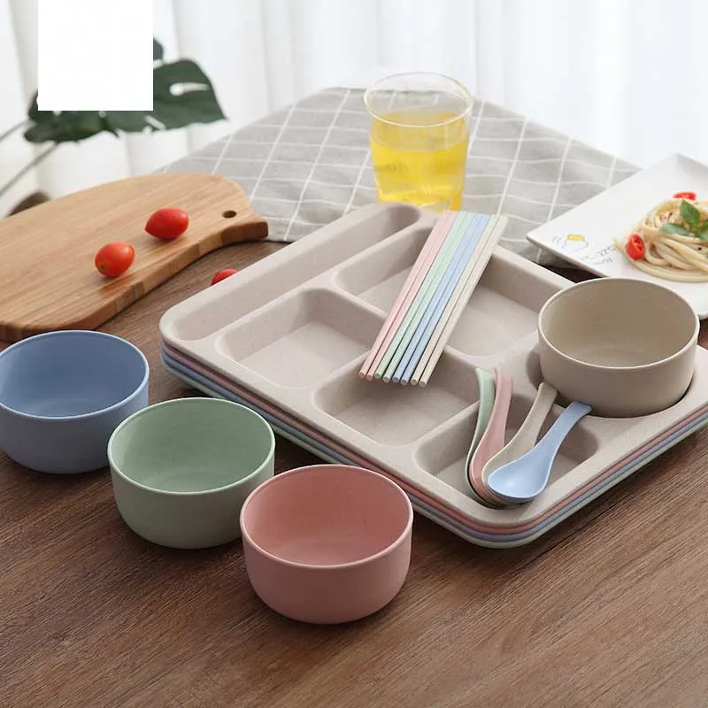 Студенческие коробки для обеда пшеничной соломы Bento коробка с отсеками посуда набор для детей дома для школы и пикника пищевой контейнер для микроволновой печи