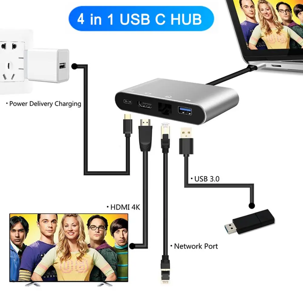 USB Type-C Thunderbolt 3 to HDMI 4K Ethernet Gigabit Adapter USB-C USB 3.0 Hub Converter Type-C PD OTG Hub Adapter for Macbook 2