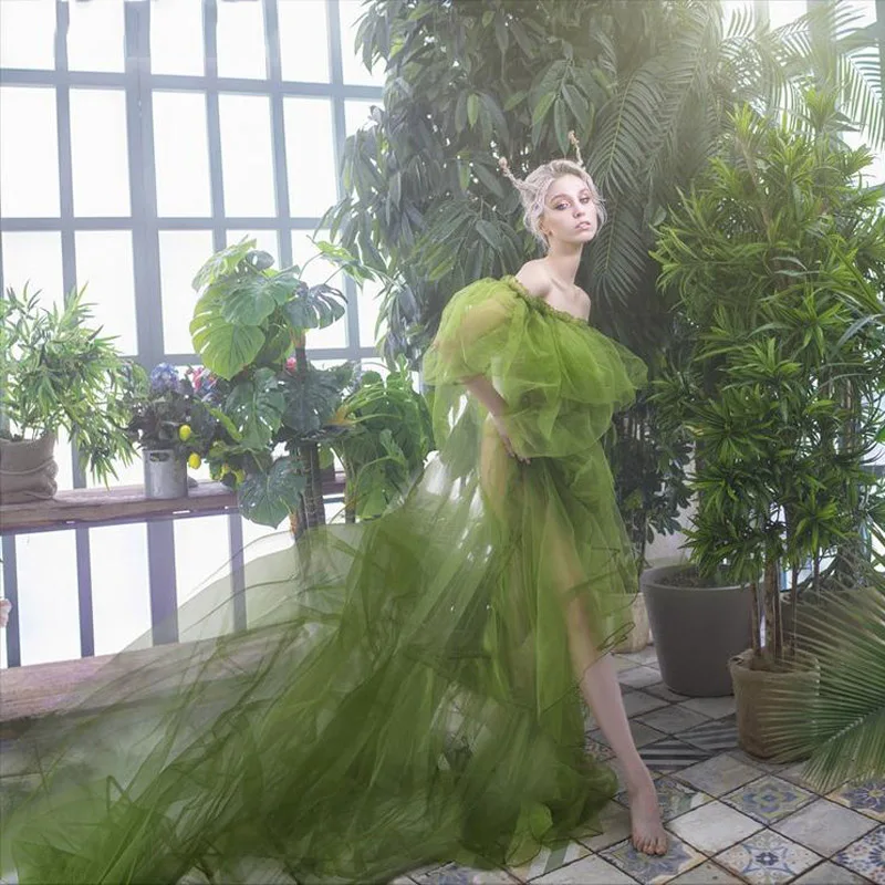 Army Green See Thru Tulle Maternity Women Dresses To Photo-Shoot Puff Sleeves Summer Dress Vestidos Off The Shoulder55.2