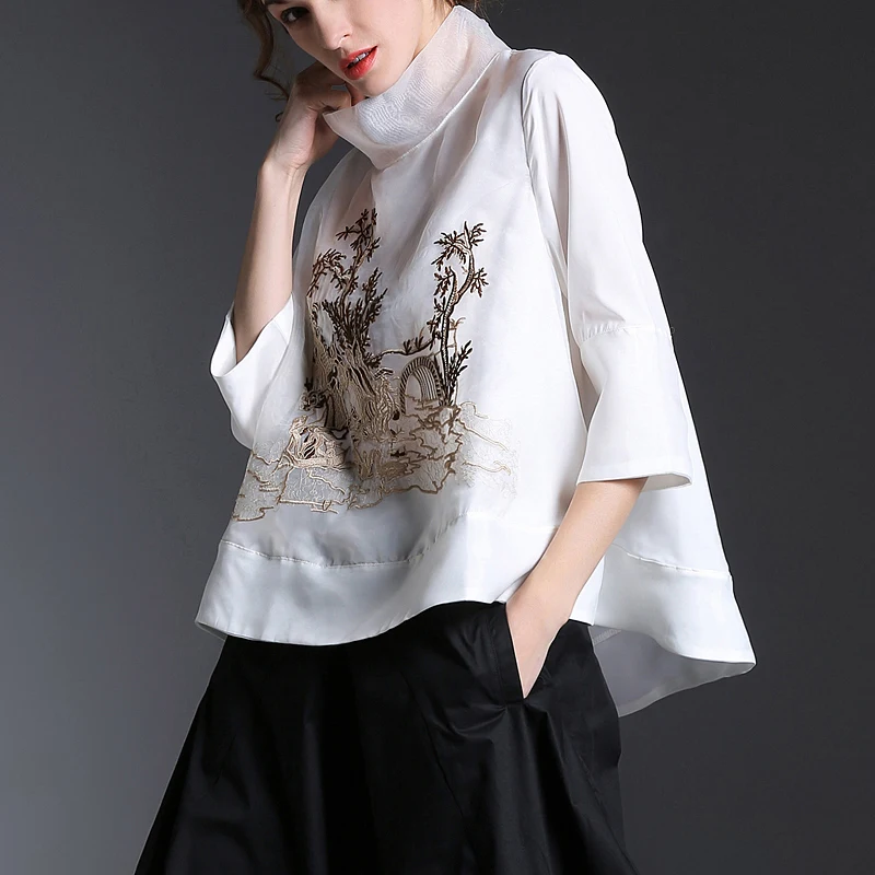 

Hot Newly European Spring Wear New Loose Eugen Yarn Vertical Collar Embroidery Snow Spinning Shirt Women's Dress Thin Shirt Girl