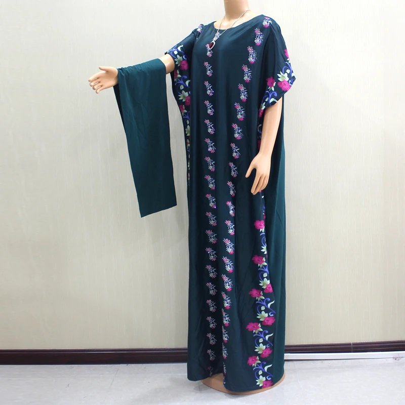 Dashikiage африканские О-образным вырезом темно-зеленый цветочный узор напечатанный яркий бисер длинные платья с шарфом размера плюс