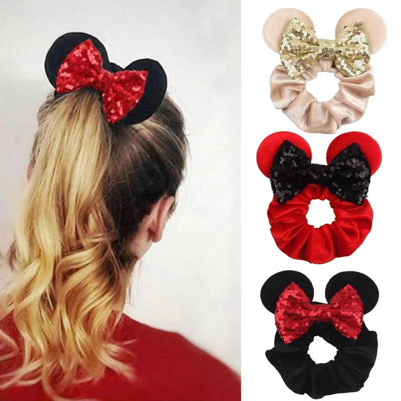 Buen valor Oreja de Mickey Mouse bandas para el cabello Scrunchies del pelo de terciopelo anillo de terciopelo liso Cola de Caballo titular lazos de goma para el pelo Pelo elástico para chicas QMrXeAZjpEw