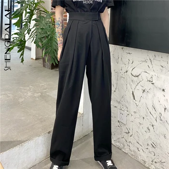 

SHENGPALAE 2020 New Fashion Women's Office Ladies Loose Slimming Casual Straight Button Suit High Waist Black Pants ZA4358