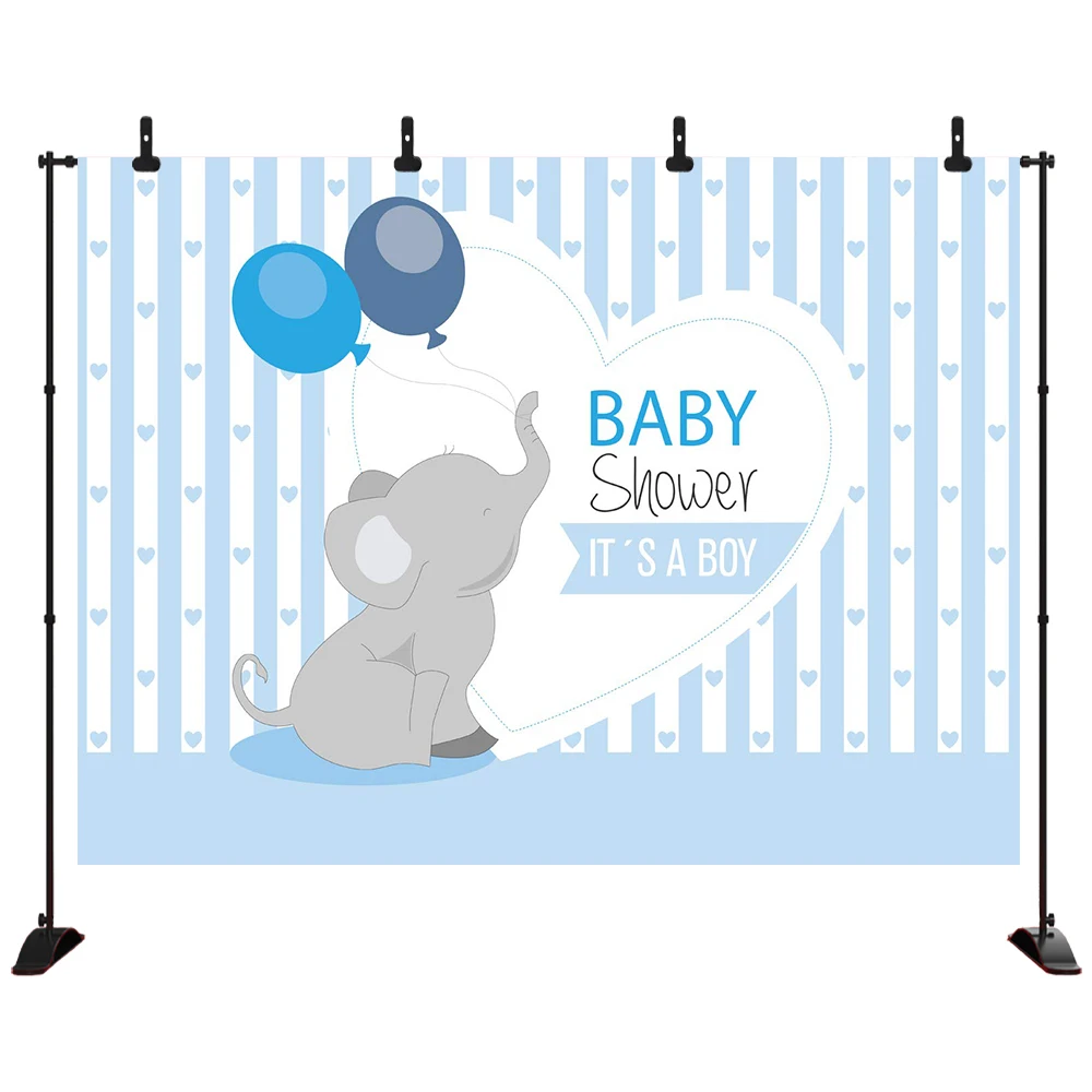 

Photo Background Cute Blue Stripe Prince Boy Baby Shower Balloon Elephant Love Party Backdrops Banner for Photography