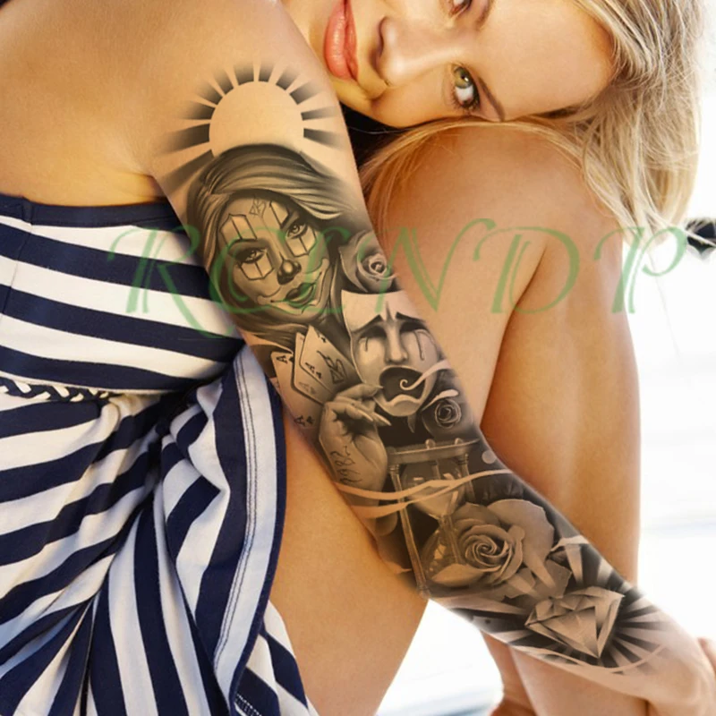 Waterproof Temporary Tattoo Sticker flower mask girl playing cards sun diamond full arm fake tattoo flash tattoo for men women