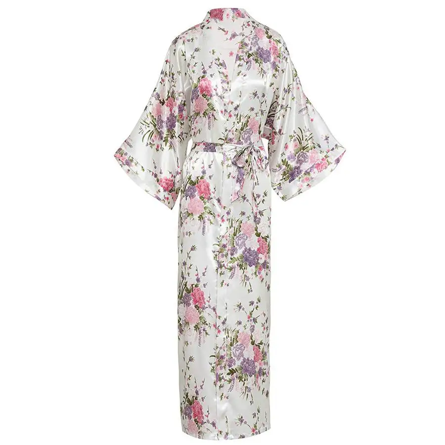 Темно-синее кимоно платье для женщин сексуальный халат с цветочным принтом мягкое женское нижнее белье домашняя одежда Половина рукава пижамы с v-образным вырезом с поясом - Цвет: White