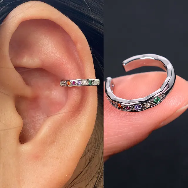 Boucles d'oreilles à Clip pour femmes et filles, 1 pièce, géométrie creuse arc-en-ciel, CZ, manchette, grimpeur, Cartilage, os, faux boucle d'oreille, Non Piercing