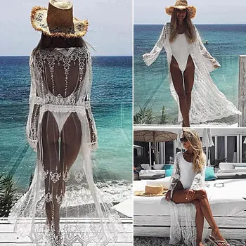 

Tunic For The Beach Robe Plage On Dresses Pareo Dress Woman Summer Women New Lace Embroidered Cardigan Sexy Sun Bikini Cover Up