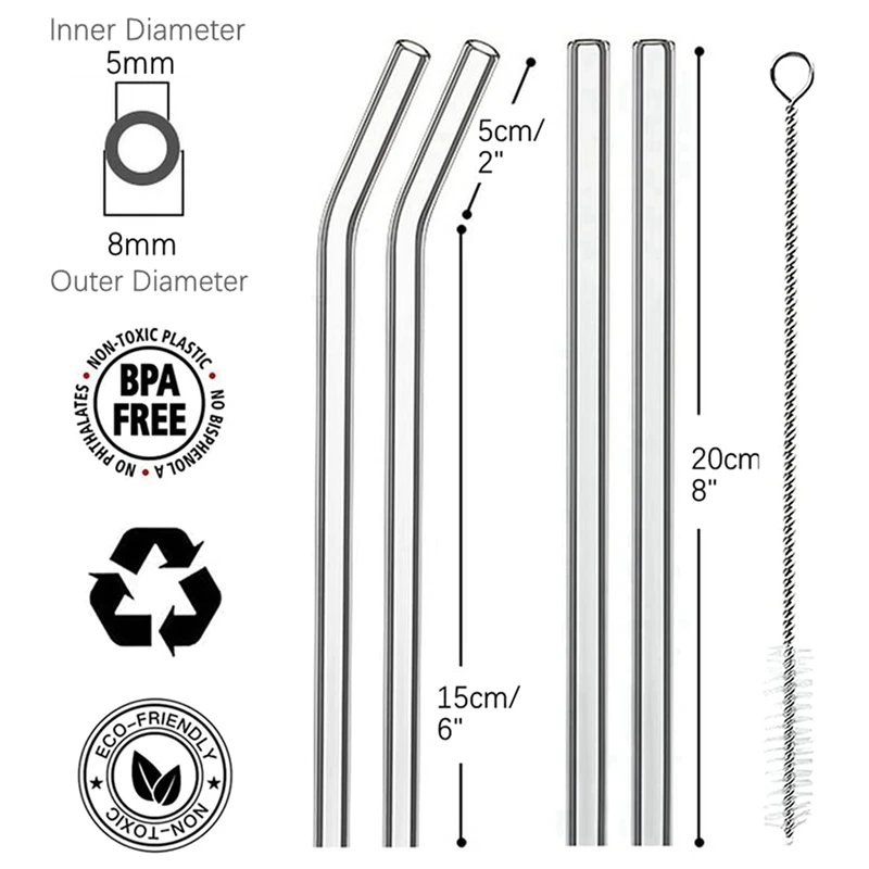 Reusable Glass Straws 8x200mm 4 Pack with Cleaning Brush BPA Free Smoothie for Milkshakes drinking straws glass straw set straw accessories straw cleaner brush