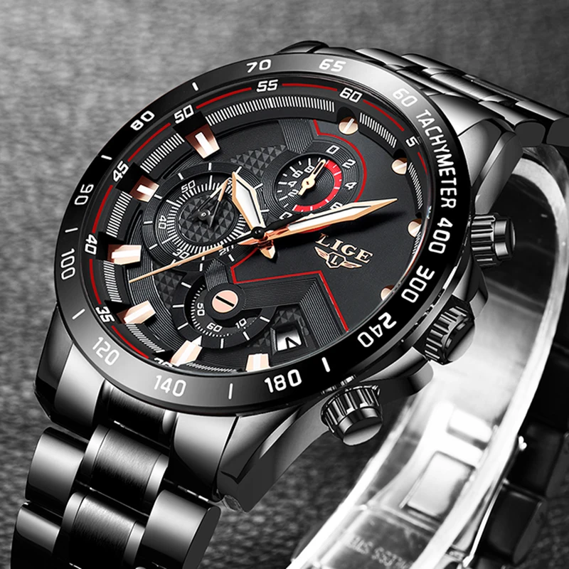 2020 LIGE Fashion Mens Watches Stainless Steel Top Brand Luxury Sport Chronograph Quartz Watch Men Black Watch Relogio Masculino