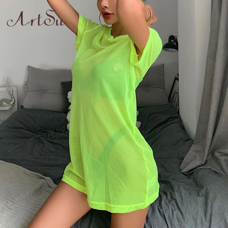 

ArtSu Women Summer Dress Tube Short Sleeve Neon Green Mesh Dress Sexy See Through Mini Dresses Beach TShirt Dress Pink ASDR22084