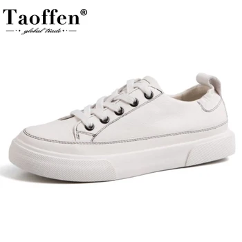 

Taoffen Genuine Leather Women Flats Shoes Thick Bottom Casual Shoes Woman Cross Strap Sneakers Lady Daily Footwear Size 35-39