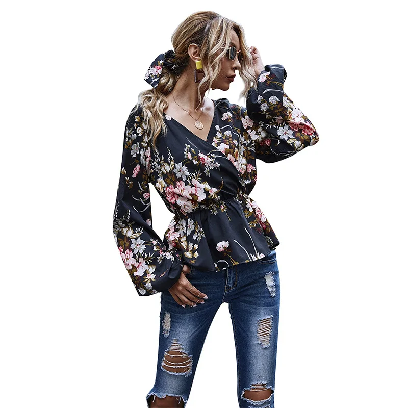 

Original Design Autumn Winter Floral Print Blouse Women New V-neck Lotus Waist Lantern Long Sleeve Tops Blouses Femme