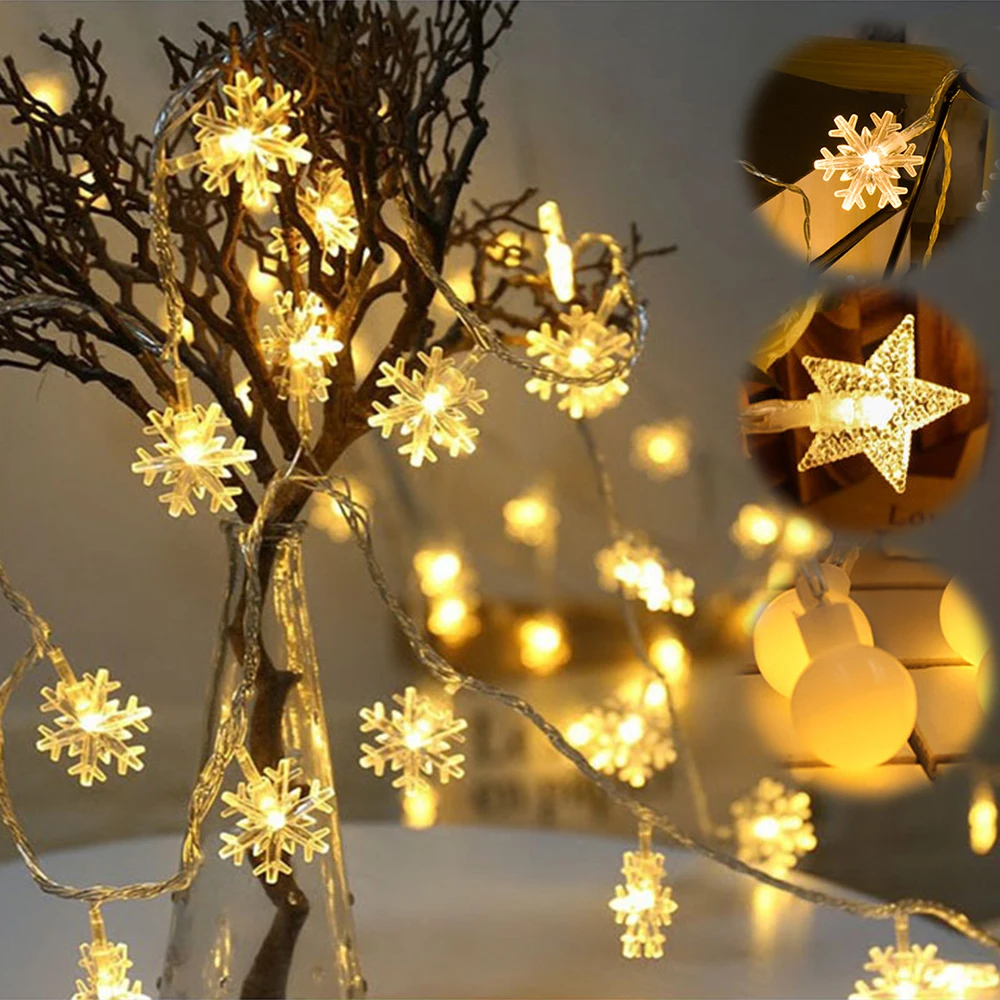 

10M 100LED 220V Christmas Snowflake Star Ball String Lights 6M 40LED Battery Flash Fairy Light Garlands For Wedding Party Decor