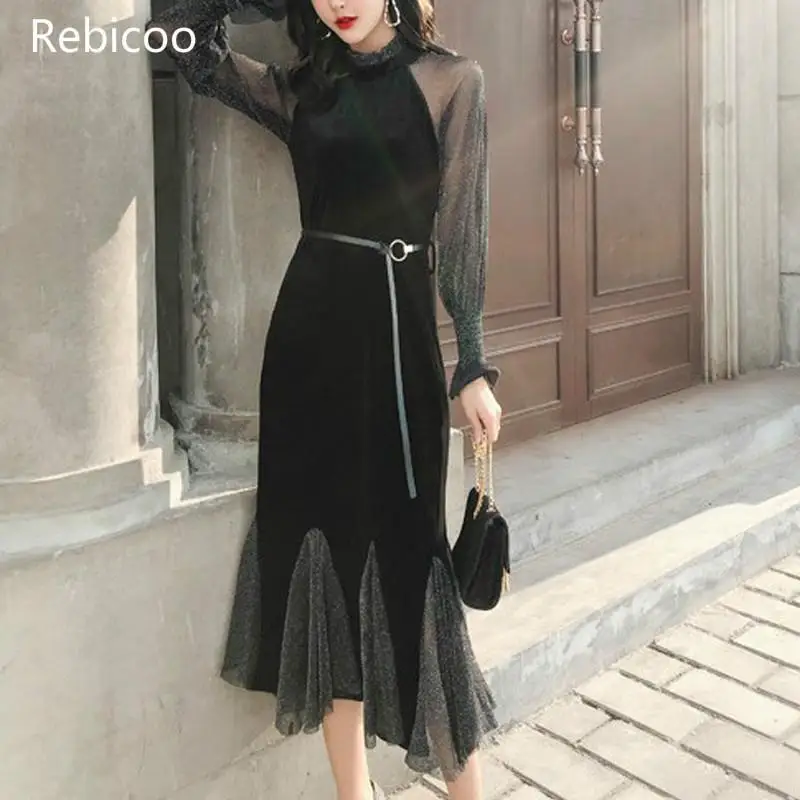 

Women Dress O-Neck Long Lantern Sleeve Mesh Slim Women Maxi Dress Spring Autumn Office Lady Long Dress Elegant